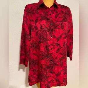 Vintage Chico’s design silk satin shirt Jacquard red black Chinese theme